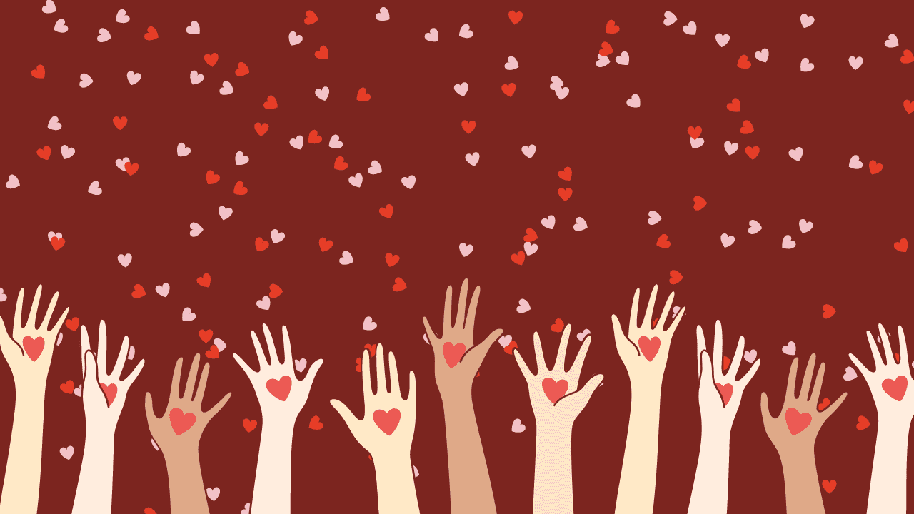 A picture of hands raised on the red background
